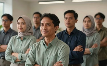 A high-quality portrait of a diverse group of Indonesian adult learners in a modern workspace. They are looking forward with confidence and a sense of empowerment. The lighting is warm and professional, featuring a palette of muted sage and dark navy clothing.