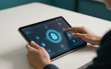 Close-up of a high-tech tablet displaying a secure blockchain interface with digital asset icons. Professional hands are interacting with the screen. The background is a clean, modern off-white office with deep teal accents. Sharp, impactful studio lighting.