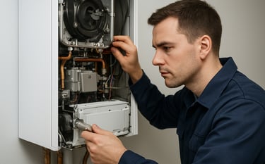 A close-up photograph of a professional technician in a Steel Blue uniform carefully inspecting the internal components of a clean, modern wall-mounted boiler. The lighting is bright and technical. The background is a soft Pale Mist wall, conveying a sense of efficient and trustworthy home service.