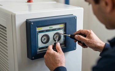 Action shot of professional hands using specialized tools to calibrate a Navy Blue control panel on a large residential heating system. The focus is on the precision of the repair. The lighting highlights the technical details and the clean environment.