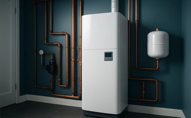 Wide shot of a sleek, white high-efficiency boiler unit being installed in a modern utility room with Steel Blue accents. The setting is clean and organized, featuring Soft Bronze metallic piping. The professional atmosphere emphasizes technical proficiency and high-quality systems.