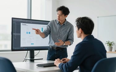 Professional photography of a developer and a client discussing a project over a digital screen in a bright, modern studio. Soft lighting, clean lines, and dark blue furniture. Global / English-speaking.