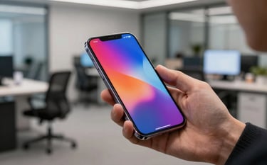 A close-up photography shot of a person's hands holding a sleek metallic smartphone displaying a vibrant interface, set against a blurred background of a modern tech-savvy office in an English-speaking city. Global / English-speaking context.