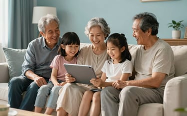 Photography of a multi-generational family sitting on a soft off-white sofa in a bright, modern living room, laughing as they share a tablet. Global / English-speaking. The room is decorated with muted teal and light blue accents. Natural morning sunlight.