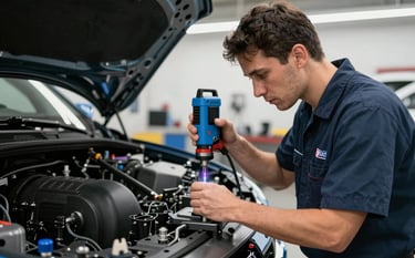 Professional North American / US auto technician in a clean workshop using precision laser measuring tools on a high-end car chassis. Lighting is bright and professional, colors are dark navy and light blue accents.