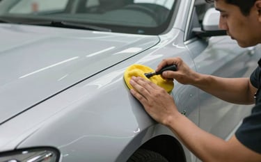 A technician's hands polishing the exterior of a clean, repaired car in a North American / US auto shop. High-gloss reflection, daylight lighting, clean aesthetic.