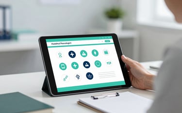 A professional psychologist's workspace featuring a tablet showing health assessment icons and a notepad. The background is a soft-focus clinical office with empathetic vibes. The lighting is bright and reassuring, using brand colors like #A7D9D3 and #2C3E50 for a trustworthy look.