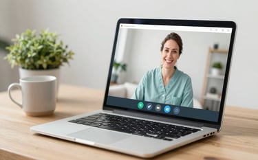 A close-up of a laptop screen displaying a blurry, professional video call interface, set on a clean wooden desk with a small green plant and a warm mug. The lighting is soft and natural, emphasizing a calm and supportive tele-health atmosphere. The color palette incorporates muted teals (#5DA399) and soft whites (#F8FBFB).