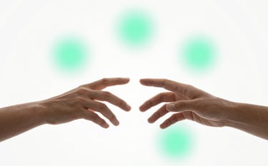 A symbolic representation of connection: two stylized hands reaching toward each other in a digital interface, surrounded by soft glowing circles in #A7D9D3 and #5DA399. The background is a clean #F8FBFB white, evoking a sense of community, empathy, and specialized clinical support.