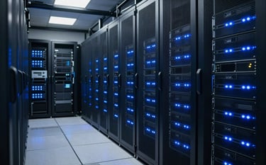 A high-tech server room within a secure North American / US data facility. Rows of server racks with blinking medium blue lights stretch into the distance. The atmosphere is professional and secure, dominated by dark navy tones and metallic textures.