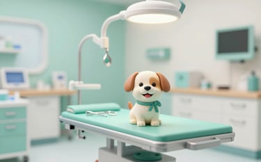 A professional 3D scene of a modern veterinary clinic for small animals. Features a stylized 3D medical table with surgical tools, using a clean palette of #9BB4A6 and #F8F9F3. A friendly 3D dog character is visible, representing health and recovery. Soft, empathetic lighting in a high-fidelity 3D aesthetic.