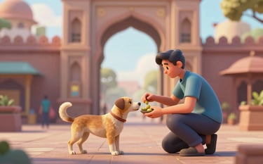 A heartwarming 3D illustration of a person feeding street dogs near a stylized Varanasi archway. The scene is bathed in warm golden-hour light. The art style is empathetic and modern, using #4F6C5B and #9BB4A6 tones to create a hopeful atmosphere for street animal welfare.