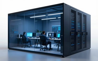 A sleek, modern IT server room with a transparent glass wall looking into a creative studio where designers are using 3D modeling tools. The lighting is sophisticated, using deep blue hues of #0A1429 and #1F3F6B, suggesting high-end technological innovation and professional reliability.