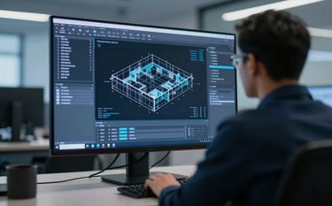 A high-tech executive office in Tamil Nadu, featuring a wide-screen monitor displaying complex Autodesk architectural software. The room is professionally lit with cool blue tones, reflecting a modern and authoritative atmosphere. The palette utilizes deep blues and metallic greys, symbolizing technical expertise and sales management excellence.