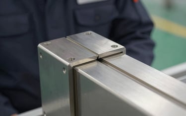 Close-up macro photography of a high-grade industrial air seal on a rectangular duct. An inspector in a dark charcoal navy uniform is visible in the soft background. The lighting highlights the precision of the manufacturing seams and the clean, polished finish of the metal.