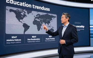 A confident leader standing in a high-tech corporate studio in the United States, gesturing toward a large digital display showcasing global education trends. Professional cinematography with deep navy and light gray colors reflecting a high-end brand.