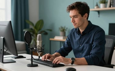 A focused expert in a sleek, modern home office in North America, arranging professional recording equipment and a high-end microphone on a clean desk. The lighting is soft and natural, featuring a palette of deep navy and soft teal accents in the background decor.