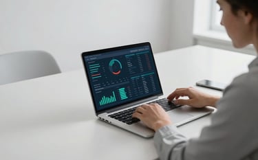 A professional in a bright, minimalist North American co-working space, analyzing intricate data visualizations on a premium laptop screen. The composition is clean and modern, highlighting a sophisticated atmosphere with light gray and teal tones.