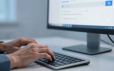 A close-up photograph of a professional's hands typing on a sleek keyboard. In the background, a large monitor shows a search engine results page. The lighting is bright and modern with soft blue shadows.