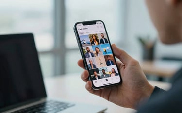 A lifestyle photograph of a professional holding a modern smartphone in a bright, airy office environment. The screen shows a vibrant social media feed. Natural light illuminates the scene with soft blue tones.