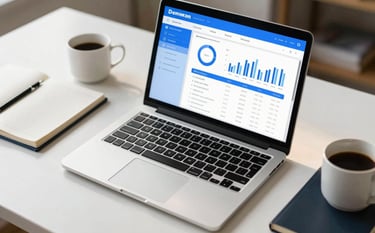 A professional high-angle shot of a high-end laptop on a clean desk, displaying a marketing dashboard with blue and white accents. Beside it is a notebook and a coffee cup, in soft morning light, evoking a professional workspace.