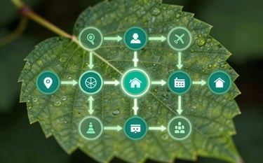 An abstract, professional digital supply chain visualization. Data nodes and glowing pathways of #9FBDBA and #3C6B6D are superimposed over a macro shot of a green leaf, symbolizing the bridge between natural heritage and data science.