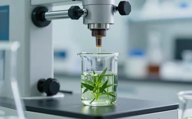 Close-up of a precision biotechnology extraction process in a sleek, modern lab. Transparent glassware contains vibrant green plant essences. The atmosphere is clinical and trustworthy, with accents of #3C6B6D and #F0F5F2, reflecting scientific rigor.