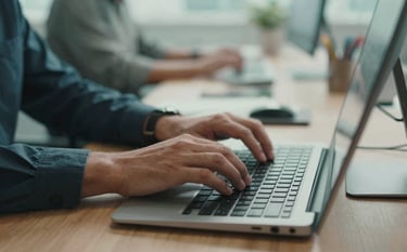A close-up of a professional in a North American / US co-working hub, typing on a modern keyboard. Soft teal lighting creates a sense of modern innovation and focus. The environment is clean and supportive.