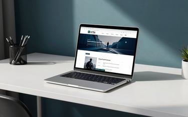 A high-end professional photography shot of a minimalist workstation in a modern North American / US office. A sleek laptop sits on a white desk, displaying a clean website layout. Soft lighting with natural shadows, featuring deep navy and soft teal accents in the background decor.