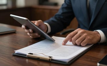 A close-up of a financial professional’s hands using a tablet and reviewing detailed reports on a dark oak desk in a high-end British office suite. Moody, professional lighting.