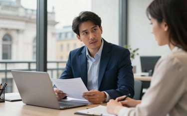 Professional financial advisory session in a bright, modern London office. A consultant in a navy blue suit discusses documents with a client. The setting is clean and sophisticated with views of British architecture through large windows.