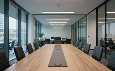 A wide shot of a contemporary corporate boardroom in Cardiff, Wales. Clean architectural lines, glass walls, and a professional atmosphere with soft blue lighting accents.