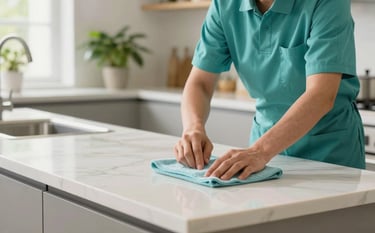 A high-end, clean kitchen interior with off-white marble countertops. A professional cleaner in a medium teal uniform is meticulously polishing a surface. Soft green plants are visible in the background, bathed in natural light. The atmosphere is professional and refreshing.