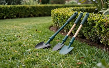 A beautifully manicured Melbourne garden with a lush green lawn and perfectly trimmed hedges. Professional gardening tools with dark teal handles are resting neatly on a soft green lawn. The scene is bright and meticulously maintained.