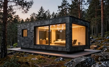 A luxury, one-of-a-kind modular retreat nestled in a rugged Northern European forest. The architecture uses dark slate gray steel and glass, illuminated from within with a warm golden glow during a serene Irish twilight.
