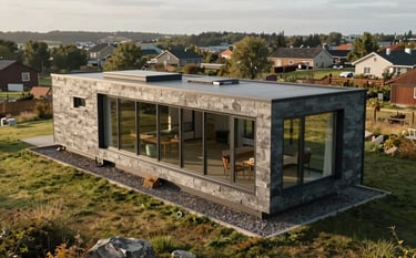 A high-angle architectural photograph of a sleek, modern modular starter home with large glass windows, situated on a grassy Northern European plot. The design features clean lines, a slate gray exterior, and is bathed in soft, bright morning light.