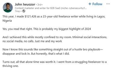 John Iwuozor revealing how much money he made from content writing