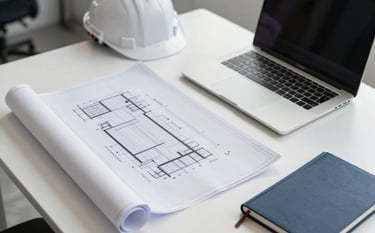 A clean, high-angle photograph of an HVAC engineer's workspace in a South American / Brazilian office. A detailed blueprint is unfolded on a white desk next to a sleek laptop and a dark blue notebook. The lighting is bright and natural, conveying a professional and focused atmosphere.