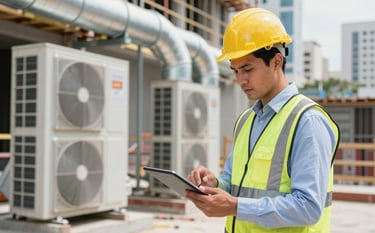 A professional engineer in a clean construction site environment in a South American / Brazilian city. The individual is reviewing a digital plan on a tablet while standing near industrial air conditioning ducts. Professional, clean, and modern setting.