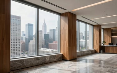 A crisp photograph of a modern commercial office space in the US after a professional post-construction cleaning. Large windows are streak-free, revealing a city skyline. The interior features premium materials like wood and stone, all polished and completely free of construction dust.