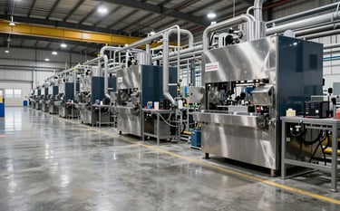 A wide-angle professional photograph of a pristine North American industrial manufacturing plant interior. The scene shows high-gloss concrete floors reflecting soft overhead lighting, with stainless steel machinery and dark blue accents. The environment is impeccably clean and organized, conveying efficiency and high standards.