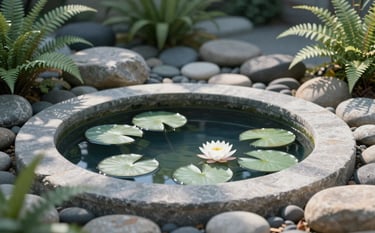 A tranquil outdoor garden featuring a minimalist stone pond with water lilies. The composition is balanced between water and earth, featuring smooth river stones and soft ferns. Lighting is natural morning sun. Colors include #94B5A5 sage and deep #0A2E2A shadows.