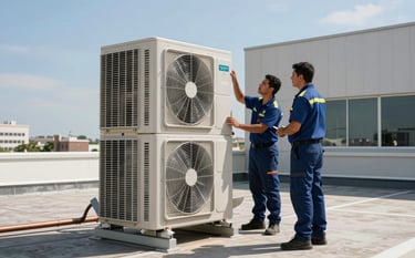 Wide shot of two professional technicians in South American / Brazilian uniforms installing a large outdoor VRF air conditioning unit on a clean modern rooftop of a corporate building. Natural sunlight, blue sky, focus on the high-tech metallic units and copper piping. Palette includes navy blue and muted grey.