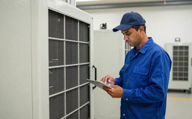 Medium shot of a maintenance specialist in South American / Brazilian industrial attire checking a large chiller system inside a well-lit mechanical room using a digital tablet. Modern commercial setting with technical lighting. Palette includes deep blue and off-white.
