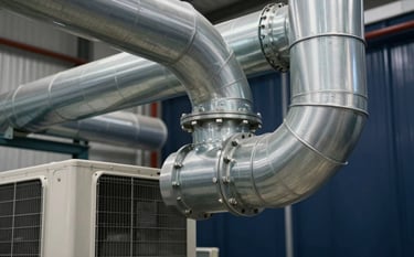 Close-up photography of a commercial ventilation system with large metal ducts and an evaporator unit. Industrial South American warehouse setting. Clean, sharp lines, metallic textures, professional atmosphere. Palette includes grey and navy blue.