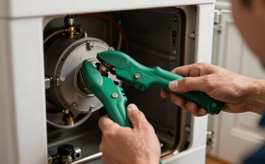 A close-up, sharp photograph of a technician using vibrant emerald green tools to perform a maintenance check on a furnace interior in a North American / US home. The lighting is focused and professional.