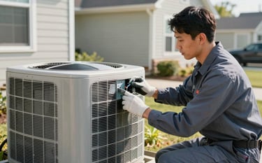 Professional photography of a technician in a slate blue uniform servicing a modern outdoor AC unit at a North American / US residential home. The scene is bright with clean morning light, showing a focus on expertise and reliability.