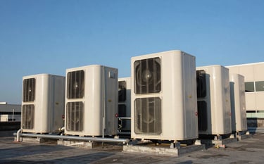 Professional wide-angle photography of large-scale commercial HVAC units on a rooftop of a North American / US corporate office building. The sky is a clear slate blue, conveying industrial strength and efficiency.