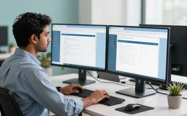 A professional in a modern South Asian / Indian office working on a high-performance website layout on a large dual-monitor setup. The workspace is sleek and professional, featuring accents of Muted Teal and Soft Sky Blue in the office decor. Bright, natural lighting creates a sophisticated and clear environment.