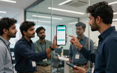 A team of technology specialists in a South Asian / Indian tech hub conference room, analyzing a mobile app interface on a glass wall. The scene is dominated by professional Deep Navy and Muted Teal tones, with bright Off-White lighting reflecting a high-performance and innovative culture.